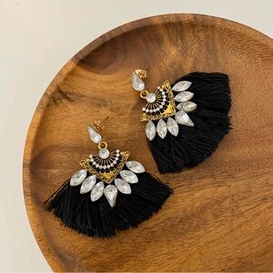 3/$20 Antique Vintage Retro Gold Rhinestones Boho Black Tassels Drop Earrings